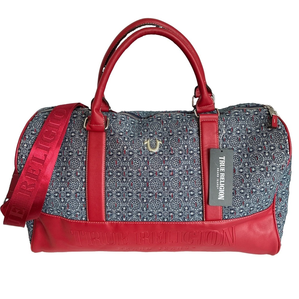 TRUE RELIGION~Blue/Red Logo Duffle Bag Zip Closure Detachable Adjustable Strap